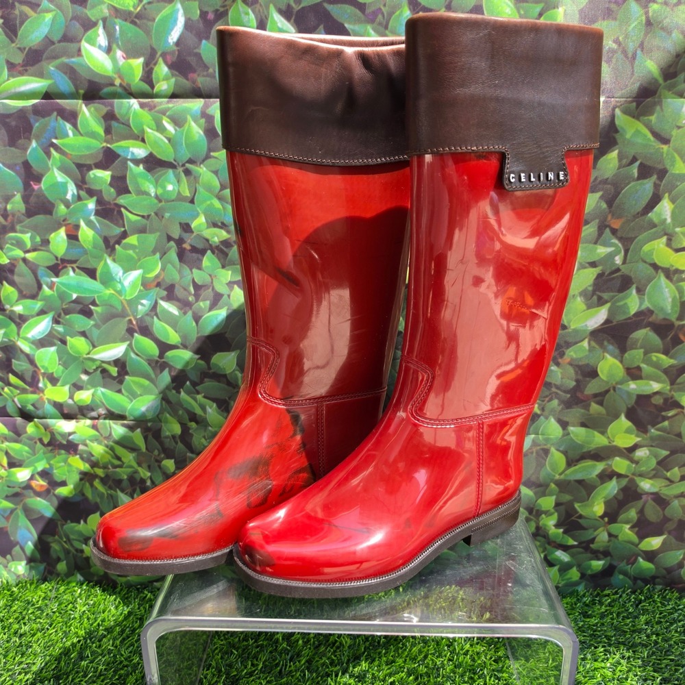 Celine Red Glossy Tall Rain Boots Brown Leather Cuff Made in Italy Size 36